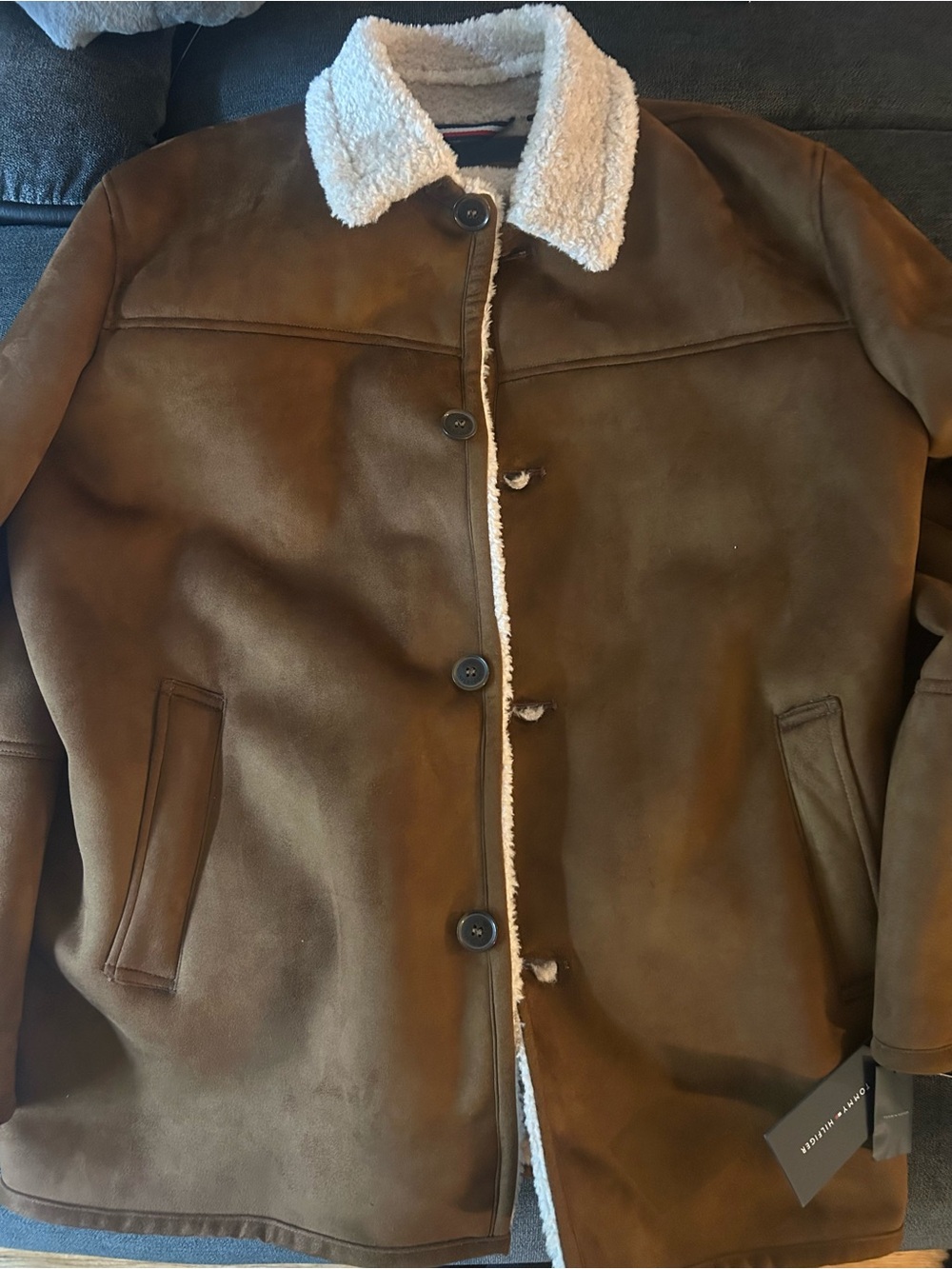 Tommy Hilfiger Men’s Shearling Suede Faux Walking Jacket Brown Size Large NWT